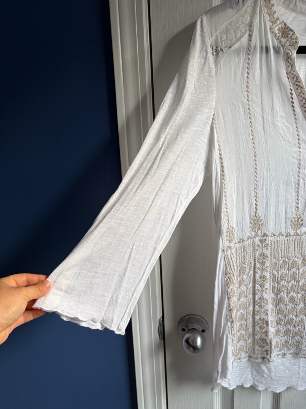 TINY Silk Cotton Blend Embroidered Boho Button Down Tunic Shirt Size Large - Picture 5 of 15